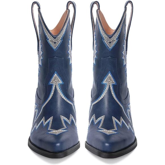 Women Metallic Embroidered Pointed Toe Cowgirl Boots Chunky Heel Pull-On Navy - Picture 3 of 6